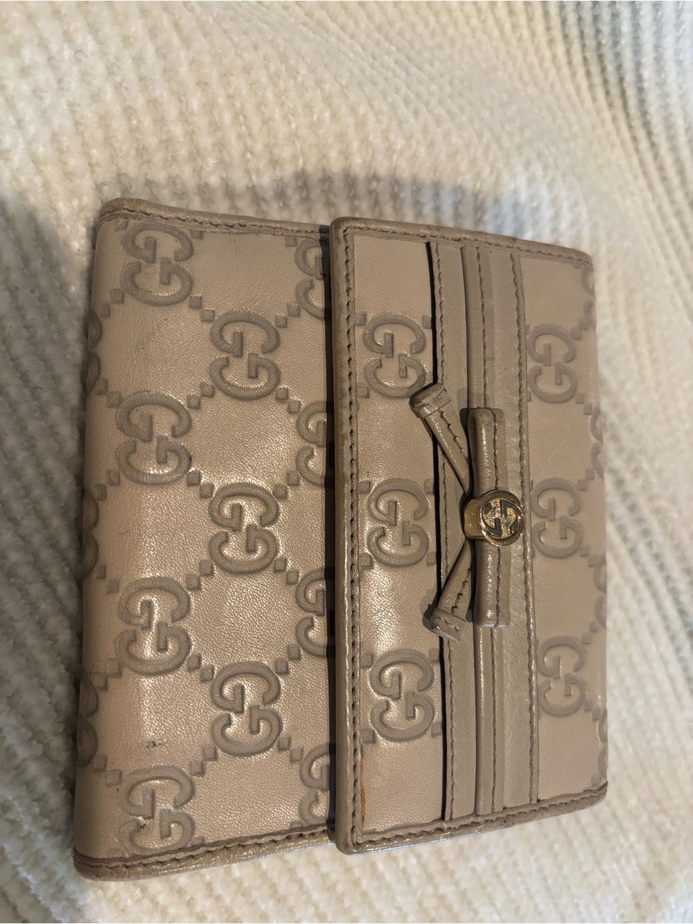Gucci Taupe Monogram Leather Bifold Wallet with Bow Accent